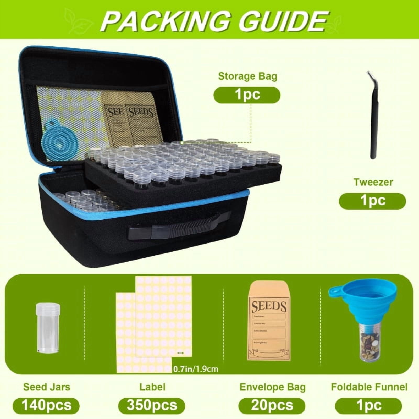140-Slots Seed Storage Box with 20 Seed Envelopes, Portable Zipper Bag & Complete Accessories Including Labels, Tweezers and Funnel – Seed Organizer for  Vegetables and Flowers. Seeds not included.