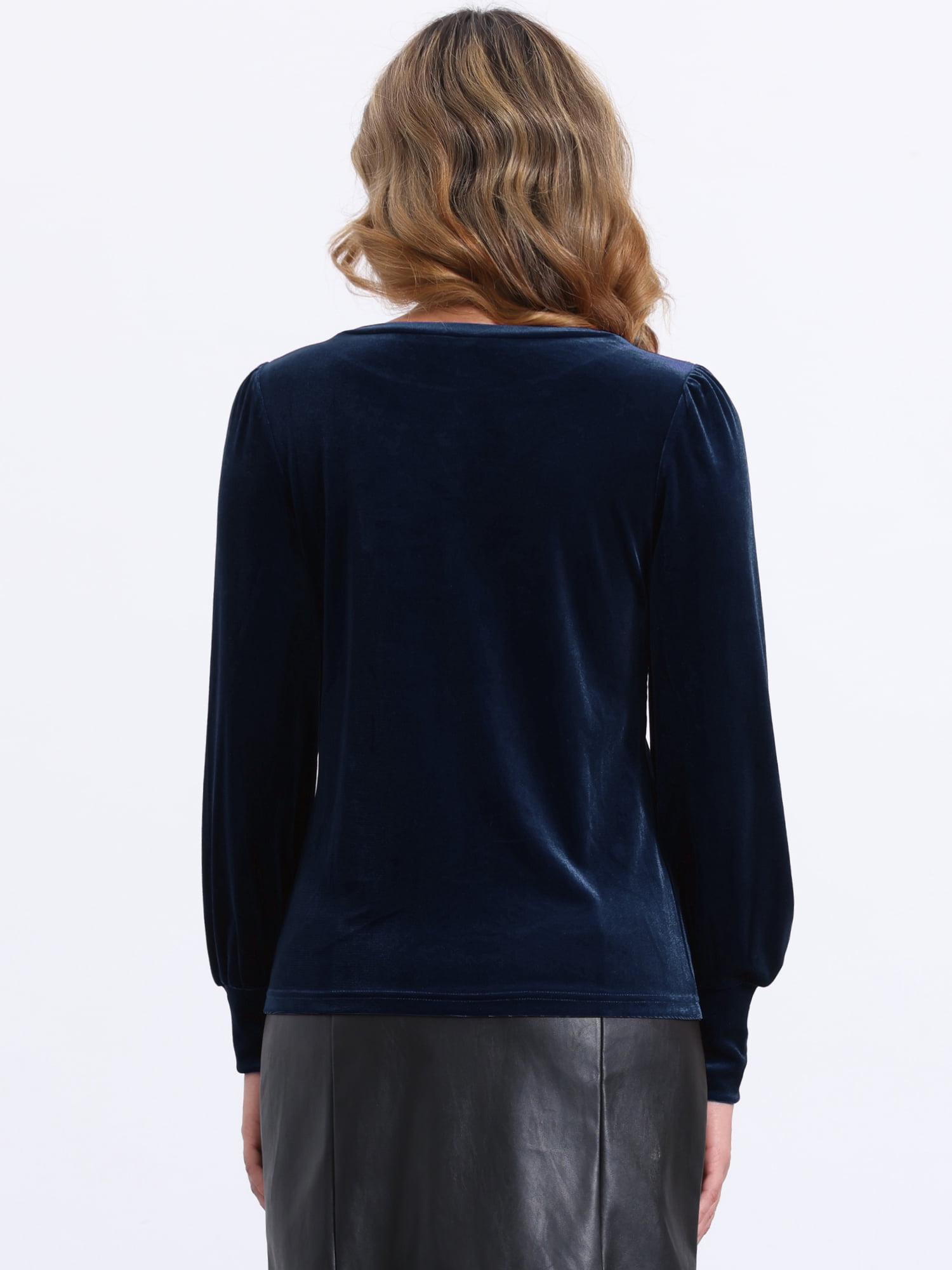 DARING DIVA Women's Velvet Crew Neck Puff Long Sleeve Blouses XL Dark Blue