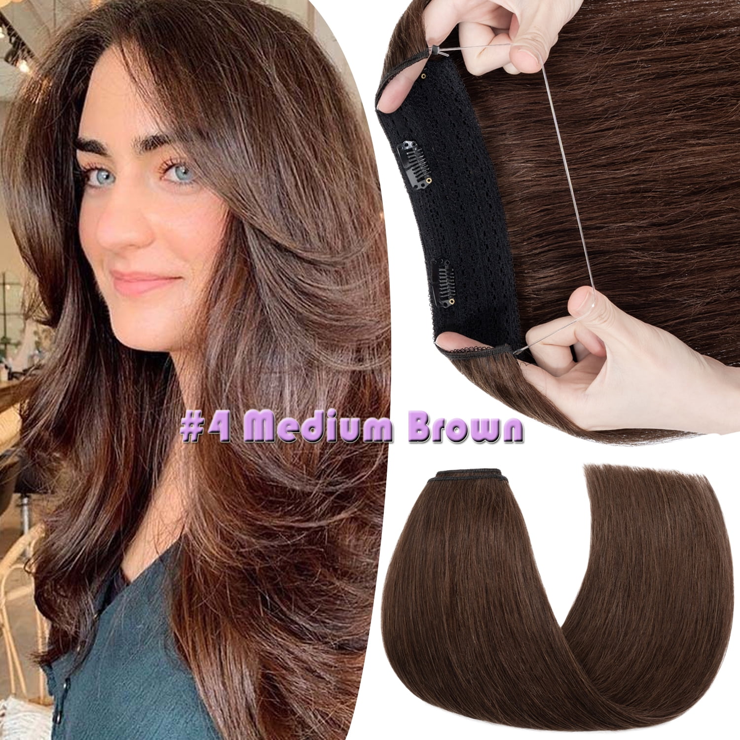 Hidden Secret Clip in Extensions Real Hair Wire in Weft One Piece THICK Human Hair Extensions Headband With 4 Clips Adjustable Brown
