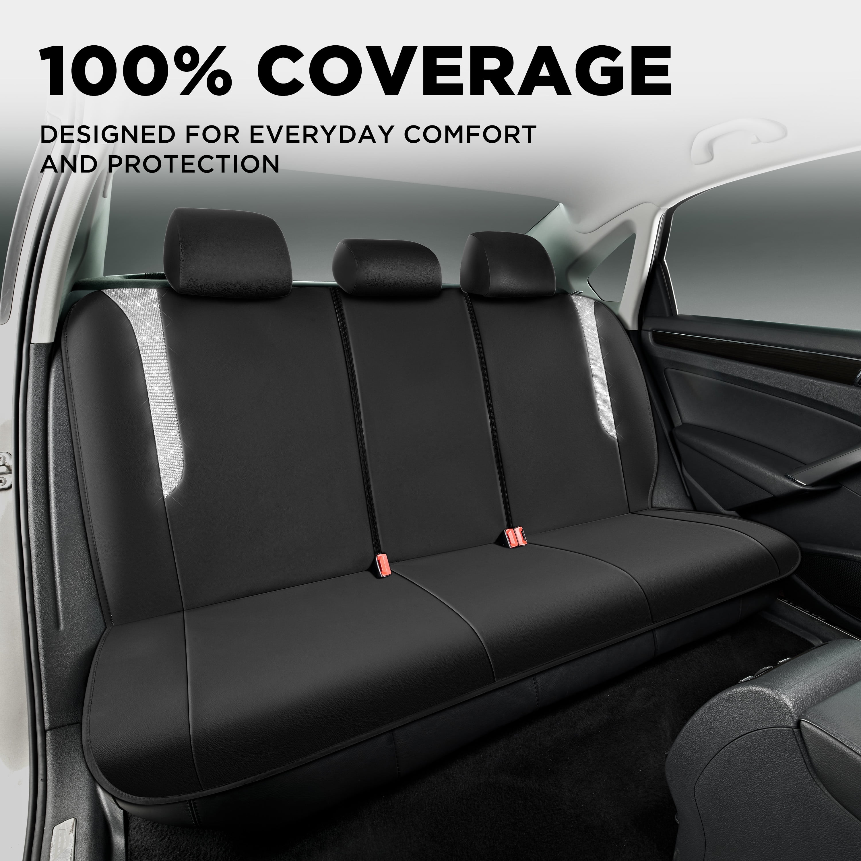 PIC AUTO Car Seat Covers - Sparkly Black Leather with Bling Glitter, Full Set, Waterproof, Airbag Compatible, Universal Fit
