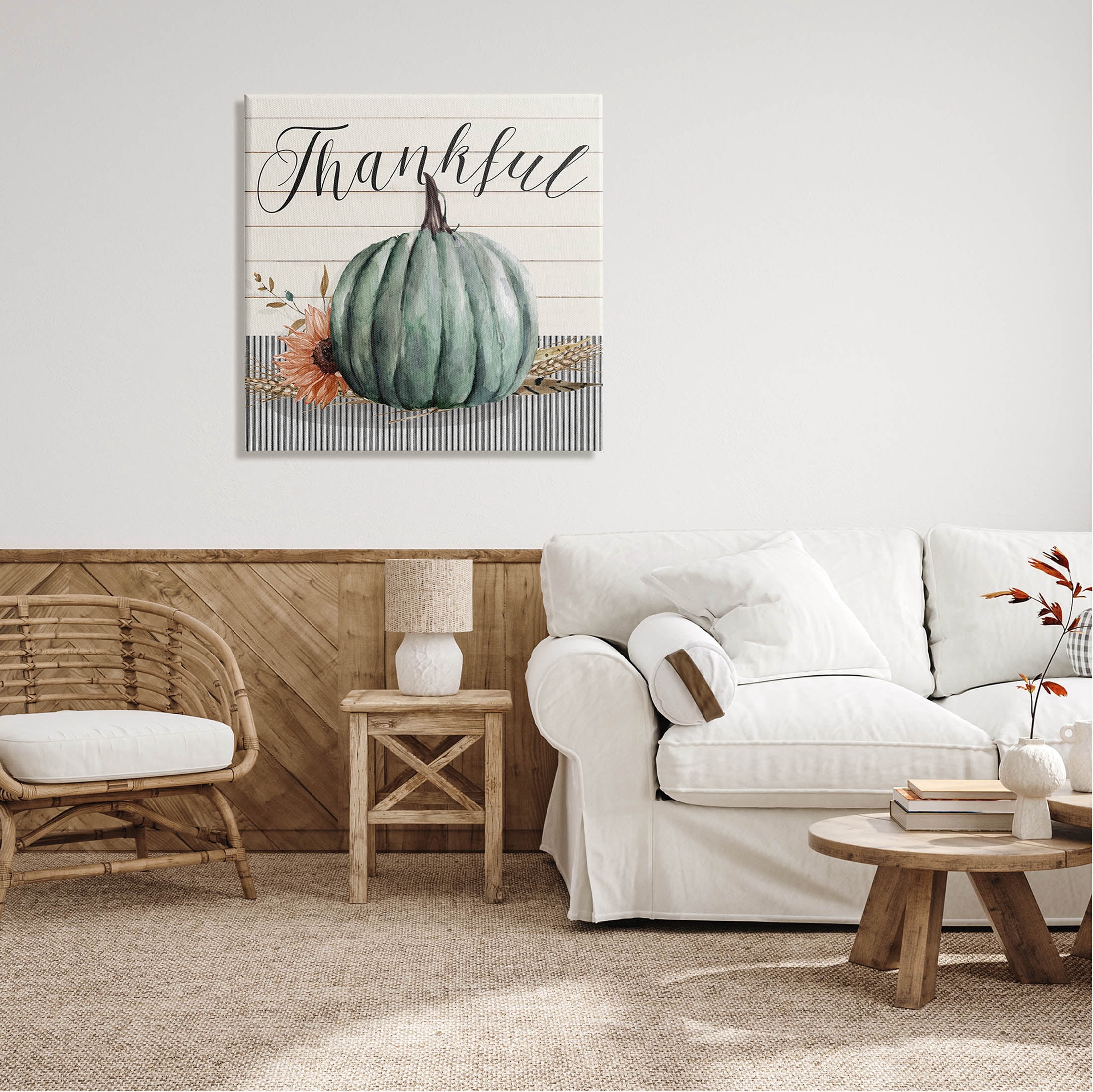 Stupell Industries Thankful Autumn Floral Pumpkin Graphic Art Gallery Wrapped Canvas Print Wall Art, Design by Livi Finn
