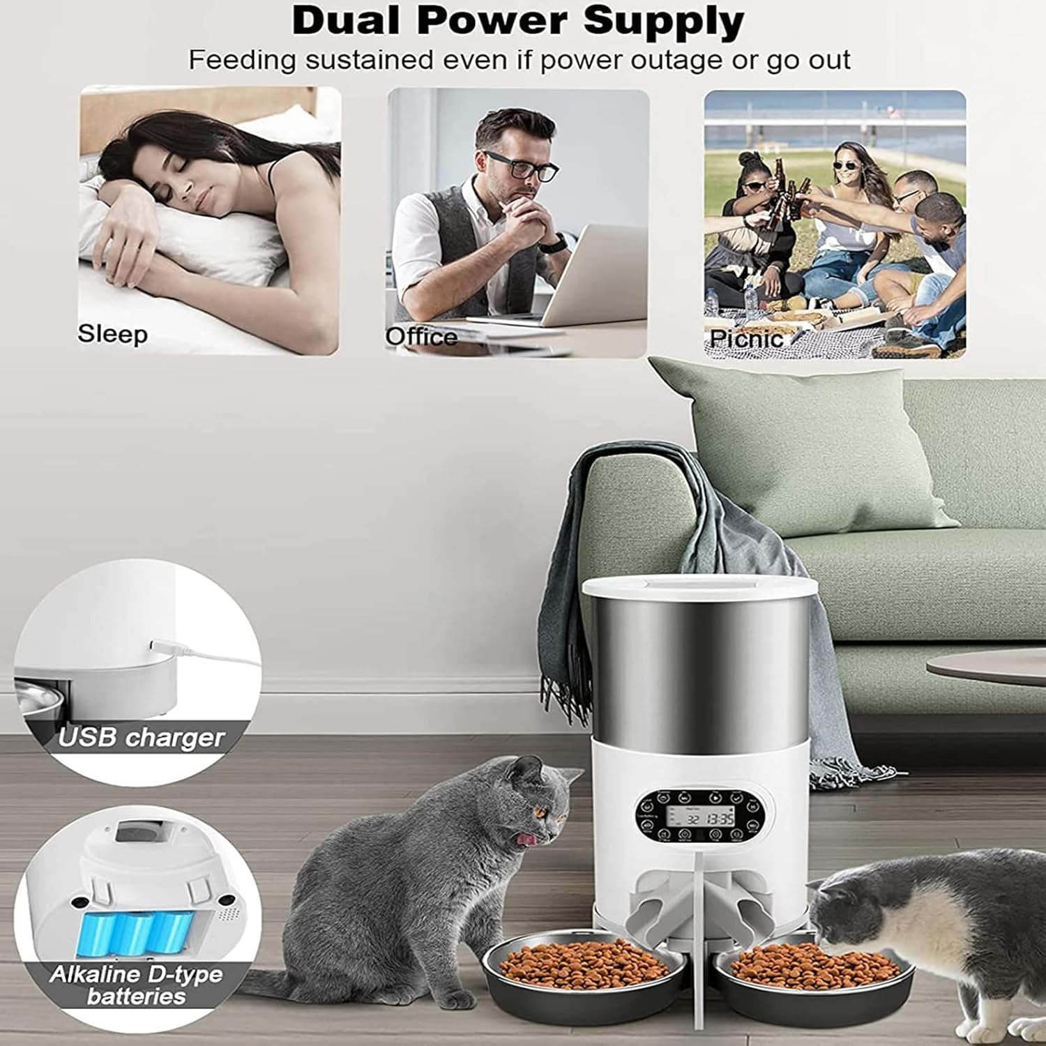 Automatic Cat Feeder for Double Pet,Pet Feeder Food Dispenser 3L/4.5L for Cat & Small Dog with Splitter & Double Bowls, Programmable 1-4 Meals Per Day & Dual Power Supply & Voice Recorder(3L)