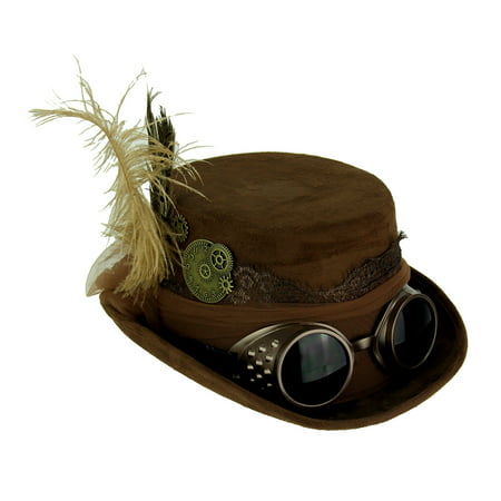Brown Victorian Ladies Steampunk Top Hat with Feathers and Tulle Bow