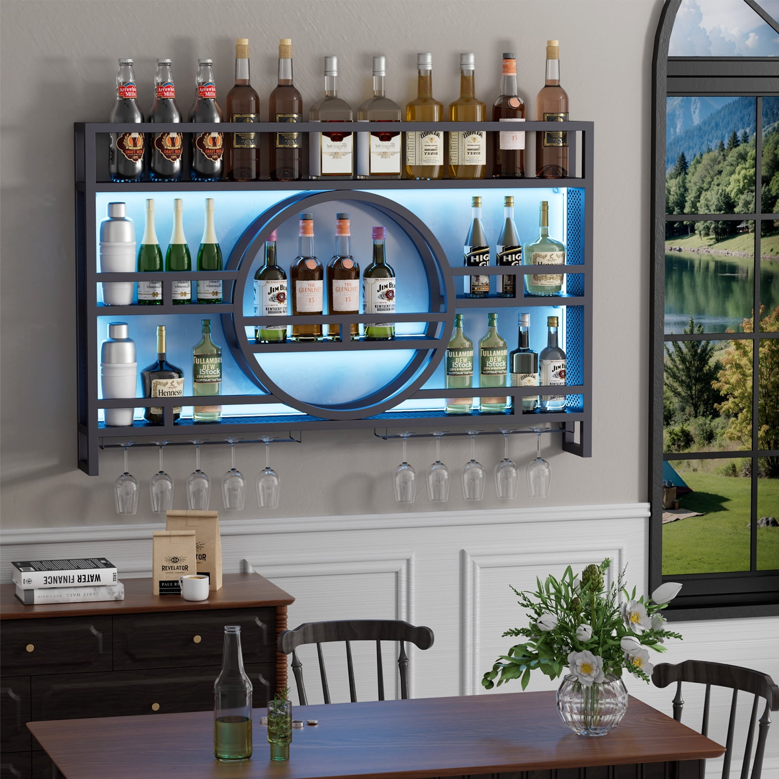 3-Tier Industrial Wine Rack Wall Mounted with LED Light, Floating Bar Shelves with Wine Glass Holder Hanging Liquor Shelf, Wall-Mounted Wine Racks Cabinets for Home Bar No Assembly Required 39 in