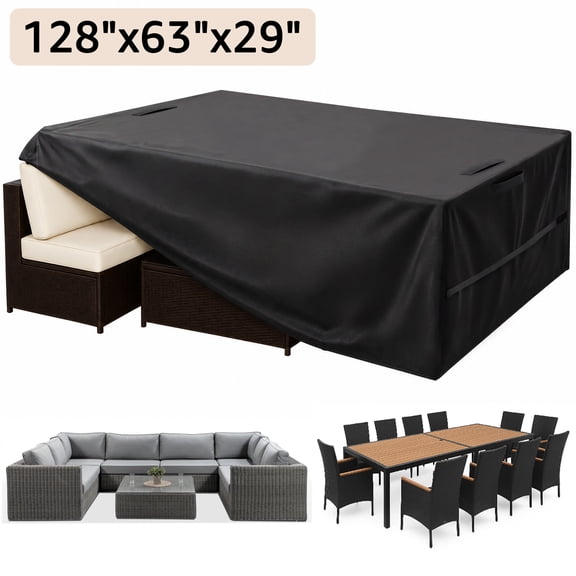 YEERSWAG Patio Furniture Cover 128x63x29 inches, Waterproof Patio Set Cover 420D Outdoor Chairs Table Cover for 8-12 Seater Outdoor Furniture Cover UV Protection Windproof, Black