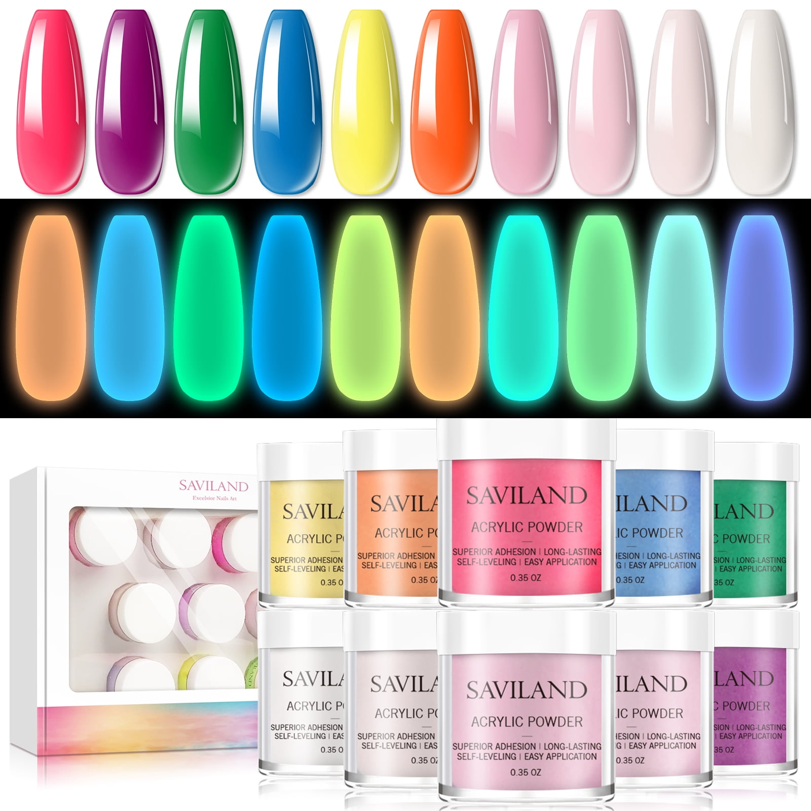 Saviland Glows in the Dark Acrylic Powder Set 10 Colors Luminous