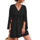 thumbnail image 1 of Vestido de cintura con manga de murciélago, cuello en V, espalda hueca, cintura fruncida, vestido de cintura de verano transpirable para mujer, 1 of 5