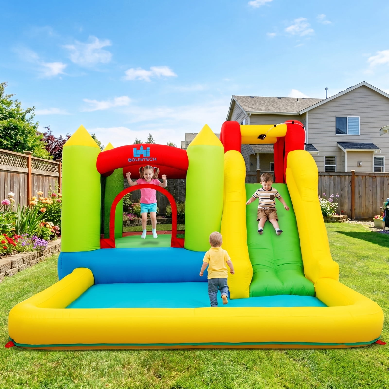 Airfind Outdoor Inflatable Bounce House with 480W Blower, Long Water Slide, Climbing Wall & Splash Pool, 138"x110"x75" Wet & Dry Combo for Kids 3-10