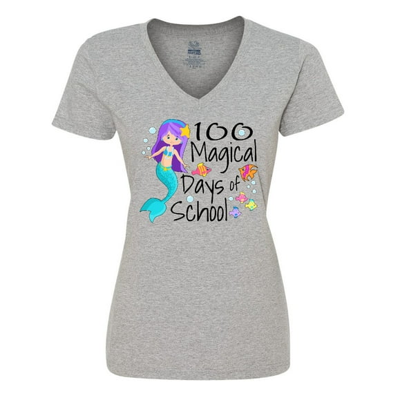 Inktastic 100 Magical Days of School with Blue Mermaid and Fish Women's V-Neck T-Shirt