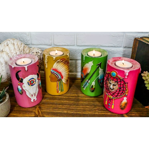 Ebros Southwestern Dreamcatcher Feathers Colorful Votive Candleholders Set Of 4