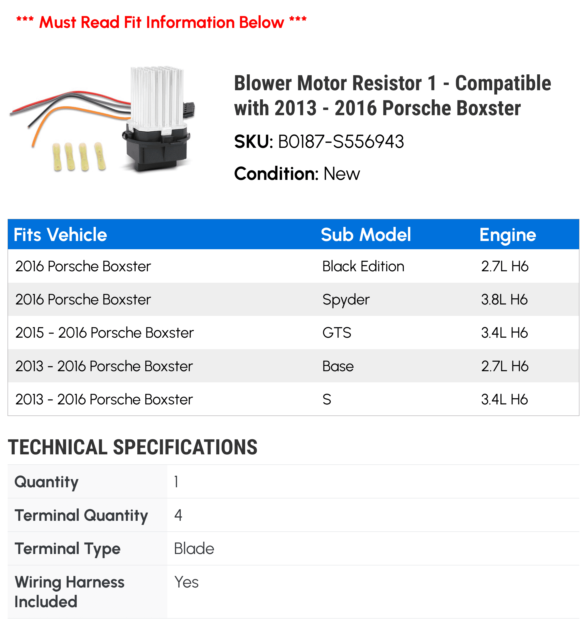 Blower Motor Resistor 1 - Compatible with 2013 - 2016 Porsche Boxster 2014 2015