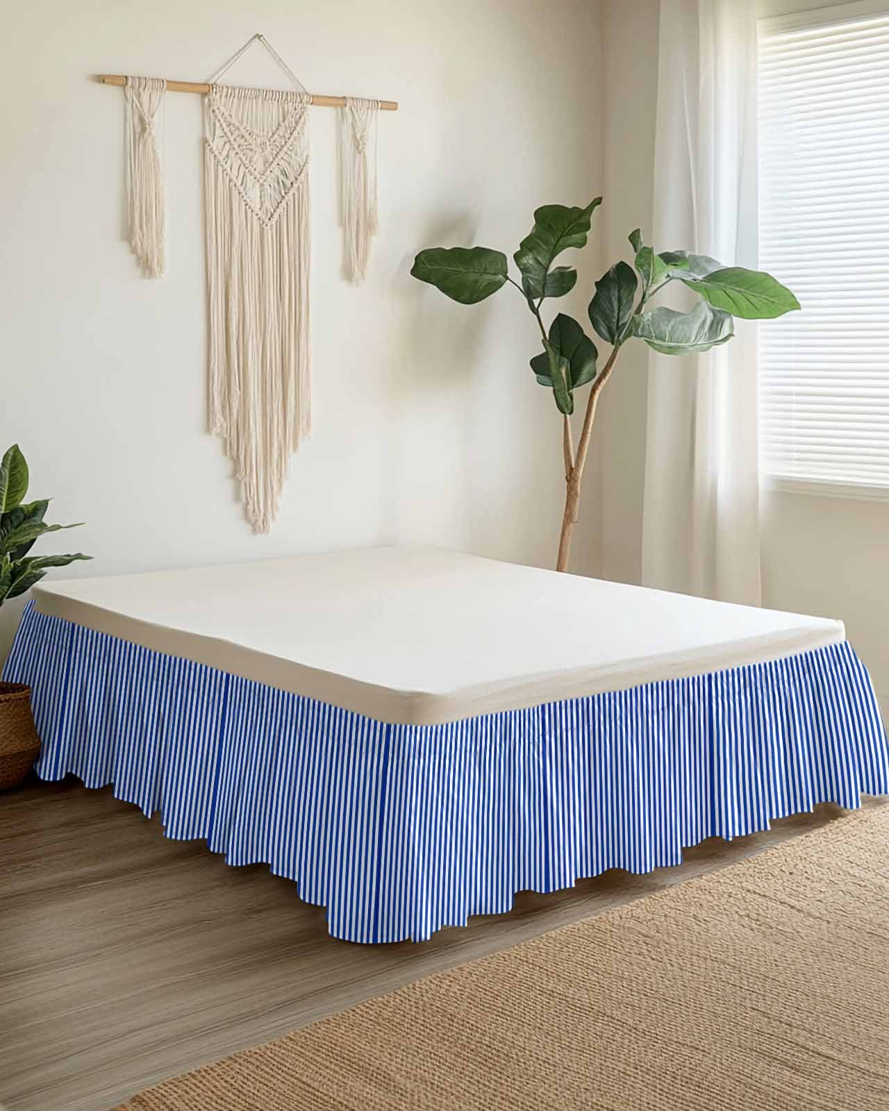 Navy Blue Stripe Wrap Around Bed Skirts for Queen Bed 16" Drop,Bed Skirt with Adjustable Elastic Belt Dust Ruffle Bed Valance for Bedroom Hotel Modern White Vertical Striped Geometric Bed Frame Cover