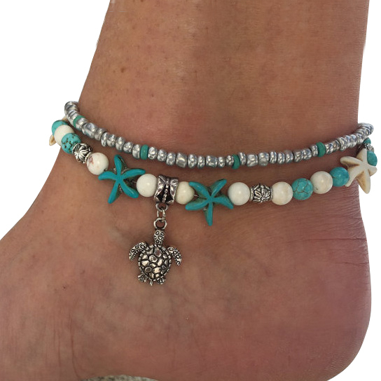 Midari Turtle Moonstone Anklet – Handmade Beaded Ankle Bracelet, Boho Style Jewelry
