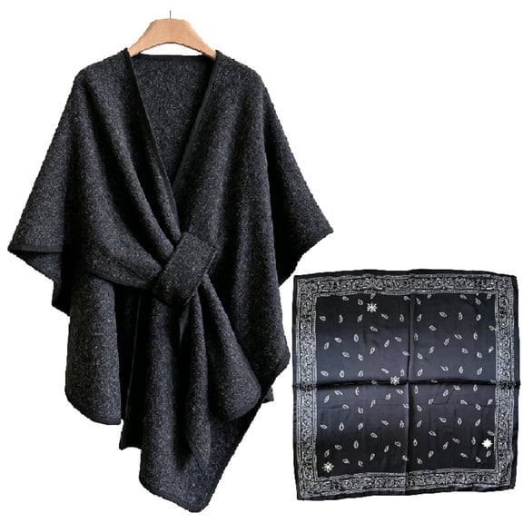 Women's Poncho & Bandana Set, Double Knit Wrinkle-Resistant Shawl with Pull Tab, Travel Wedding Gift Black