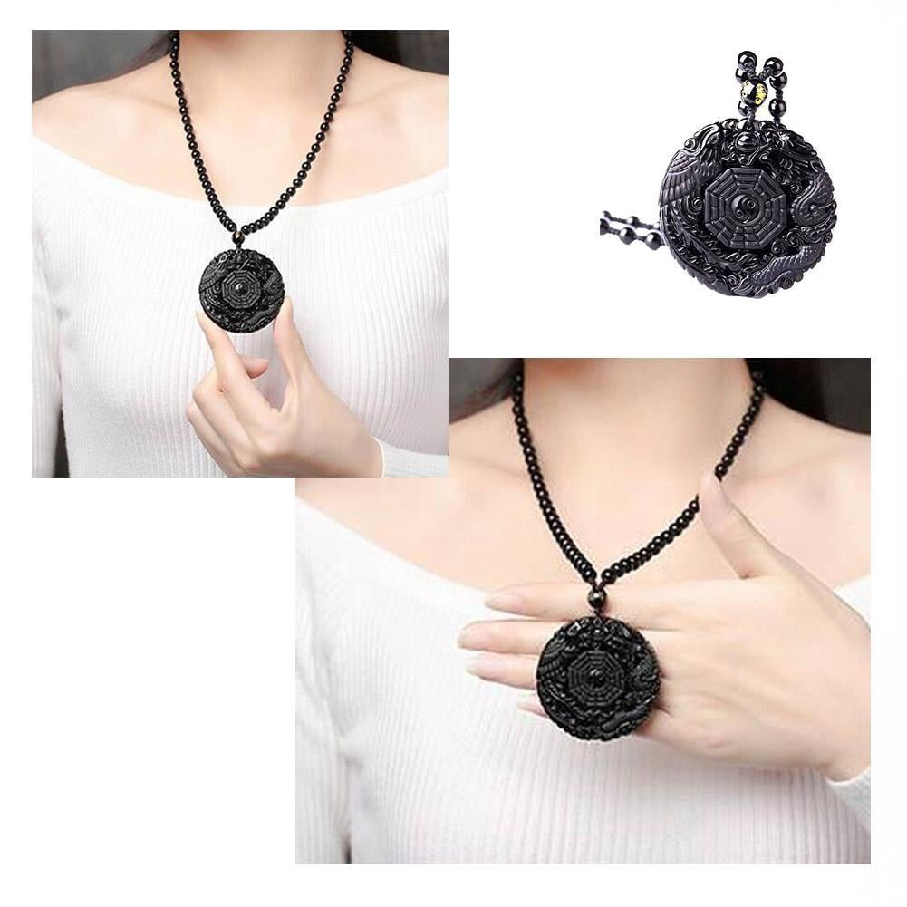 Black Obsidian Carving Wolf Yin Yang Dragon and Phoenix Lucky