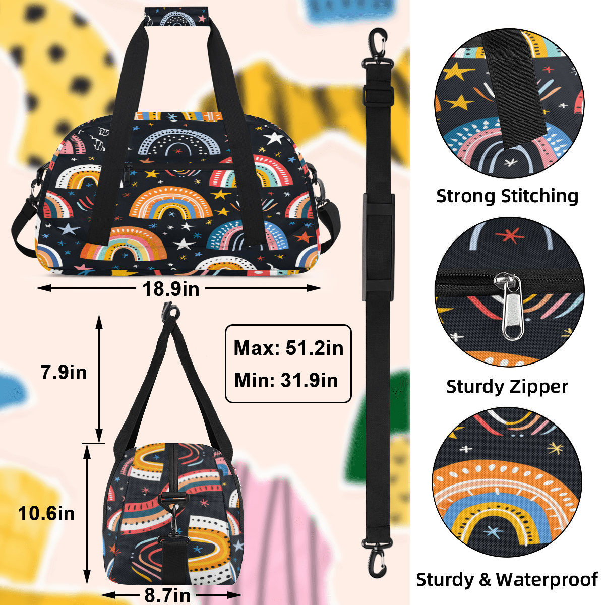 Herdesigns Cute Retro Rainbow Sports Duffle Bag for Women & Men, Gym Bag Dance Bag Overnight Bag Carry On Weekender Travel Bag