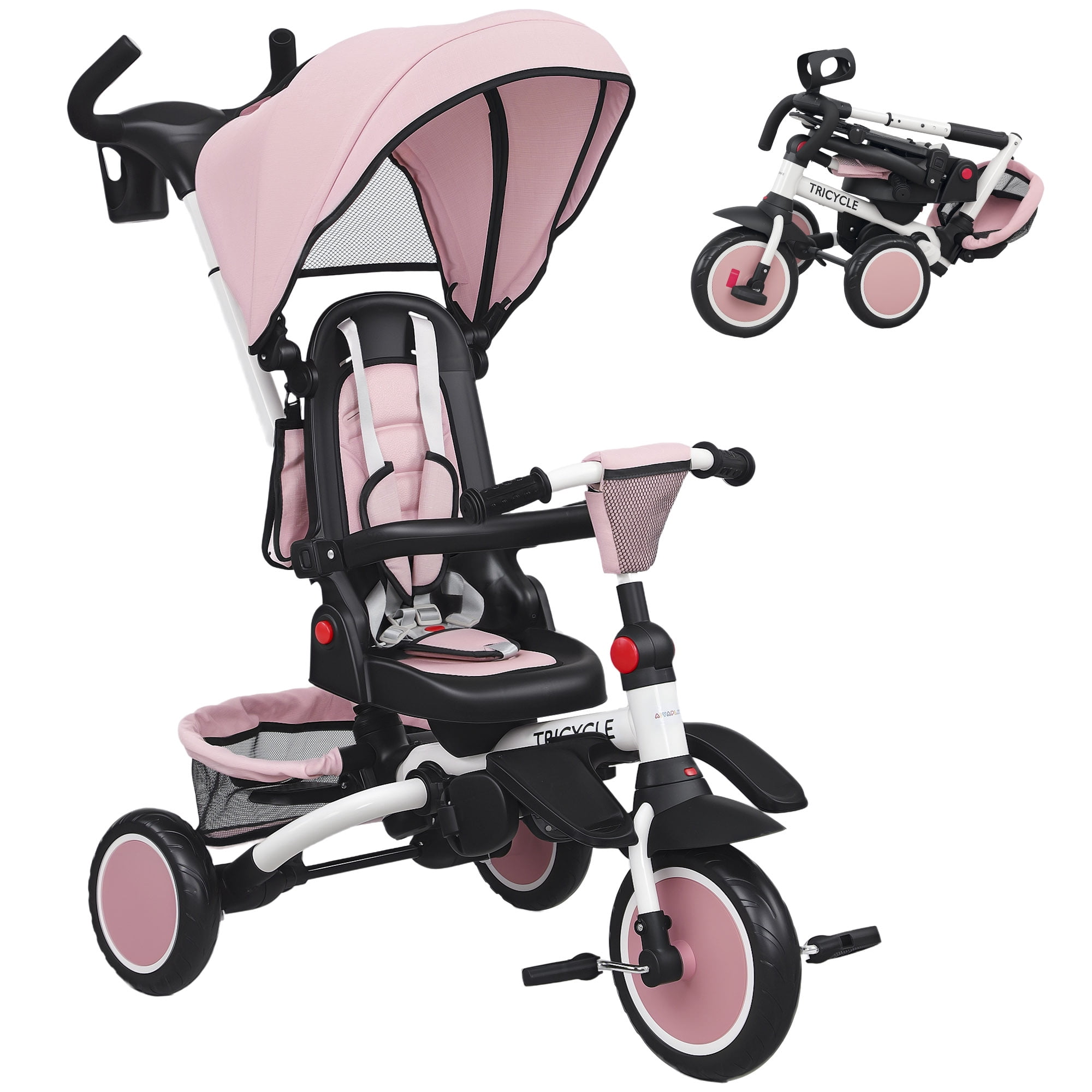 6-in-1 Baby Tricycle Stroller, Convertible Buggy w/ 360° Swivel Seat, Adjustable Backrest & Folding Design - Pink Steel/Plastic - Lightweight & Compact