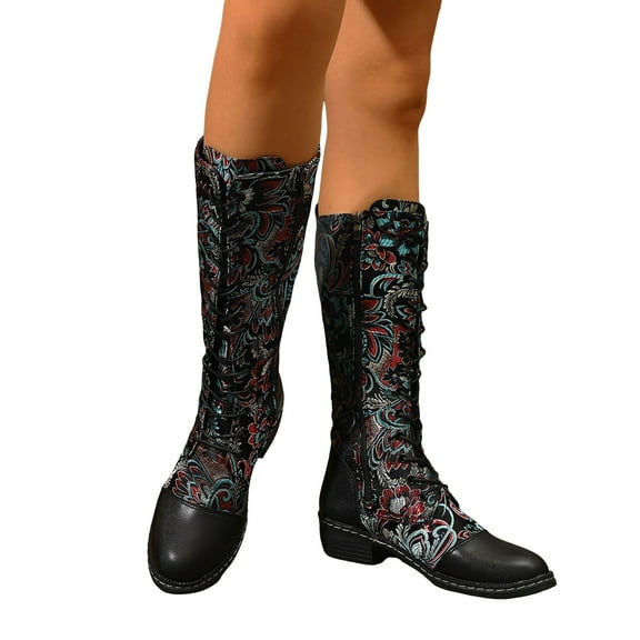 Vintage Embroidered Mid Calf Combat Boots for Women 2025 Retro Leather Low Heel Knee High Tall Dress Boots Black Size 6