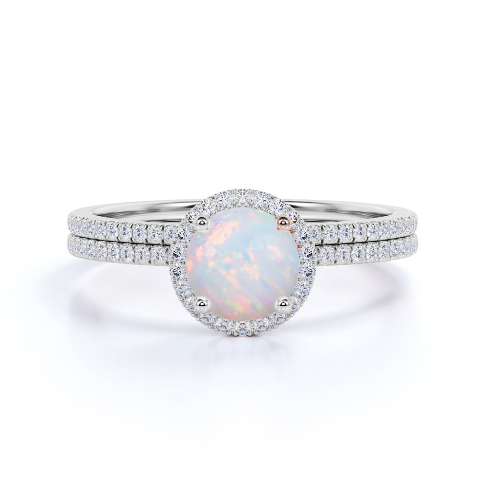 JeenMata - 1.75 ct Natural Round Fire Opal and Moissanite Wedding Ring ...