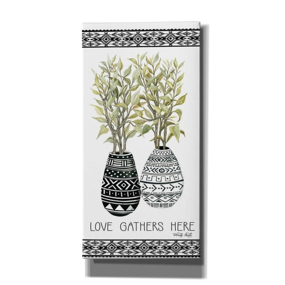 Epic Graffiti 'Love Gathers Here Mud Cloth Vase' by Cindy Jacobs, Canvas Wall Art, 12"x24"
