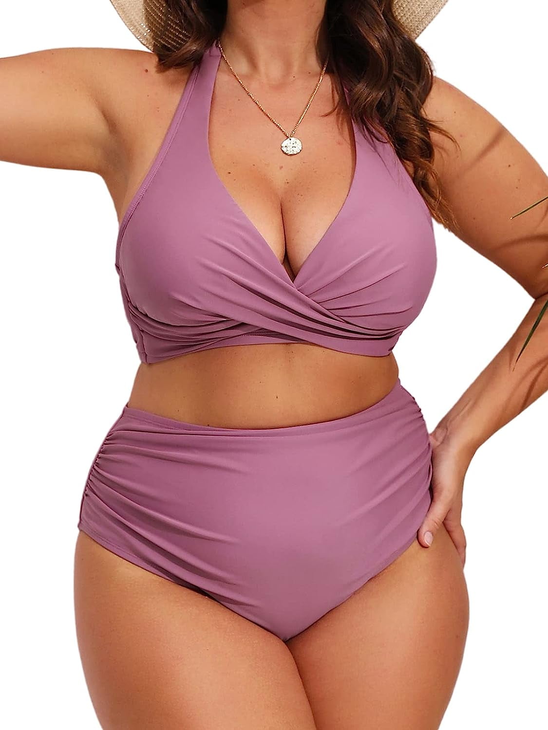 Singreal Plus Size Swimsuits for Women Two Piece Bathing Suit High Waisted Bikini Ruched Halter