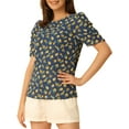 thumbnail image 4 of INSPIRE CHIC Women's Shirred Tops Crew Neck Short Sleeve Keyhole Back Floral Blouse S Deep Blue, 4 of 6