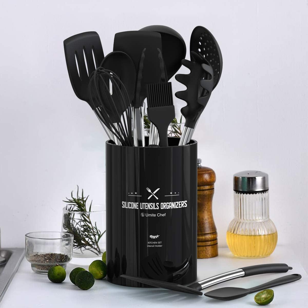 Silicone Kitchen Utensils Set, Umite Chef Large Heat Resistant Cooking  Utensil, 26Pcs Silicone Spatulas Set, Stainless Steel Handle, Black Kitchen