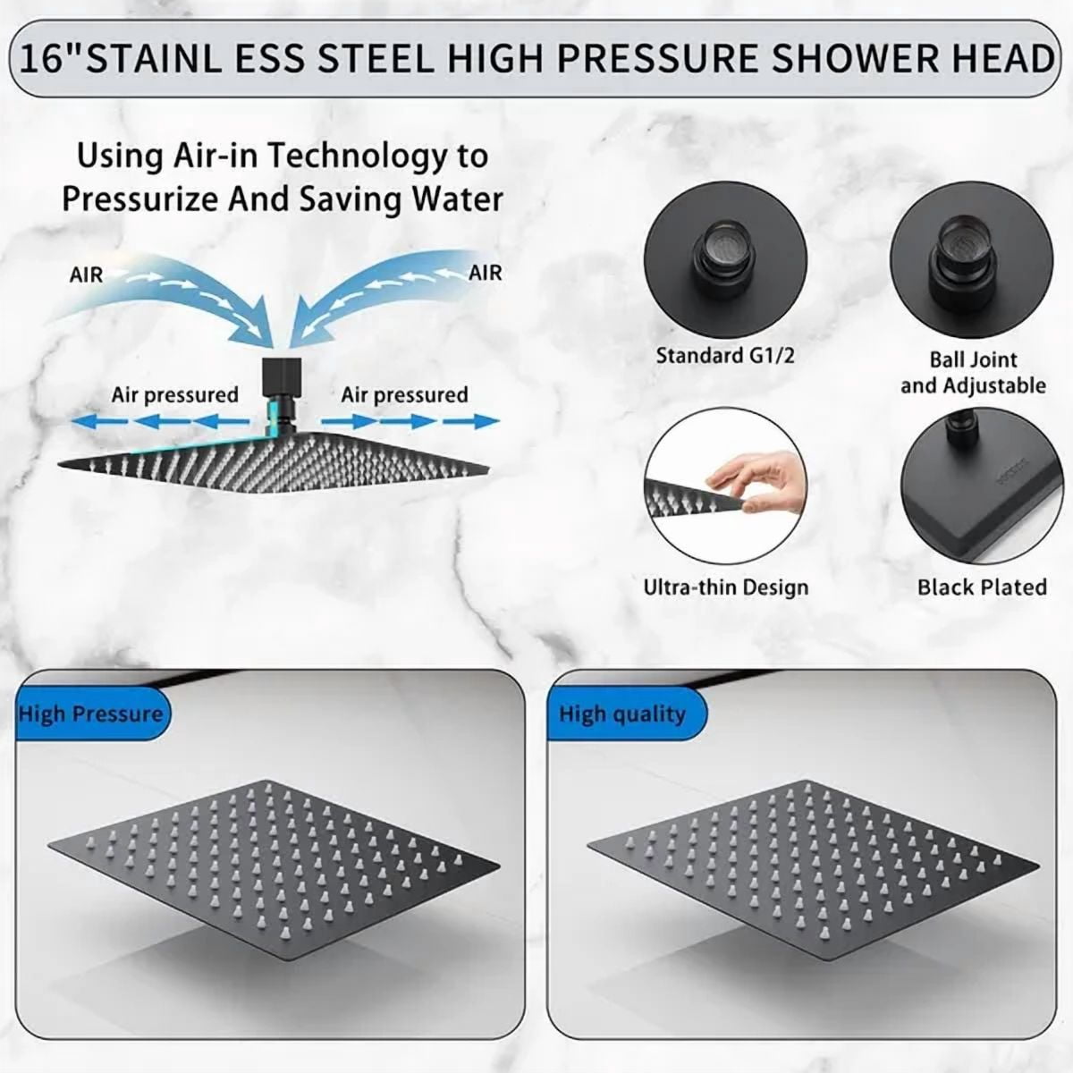 16 Inch Oversize Stainless Steel Rain Shower Head - Matte Black High Pressure Shower Head, Square Rainfall Showerhead - Waterfall Full Body Coverage - Universal Ceiling or Wall Mount