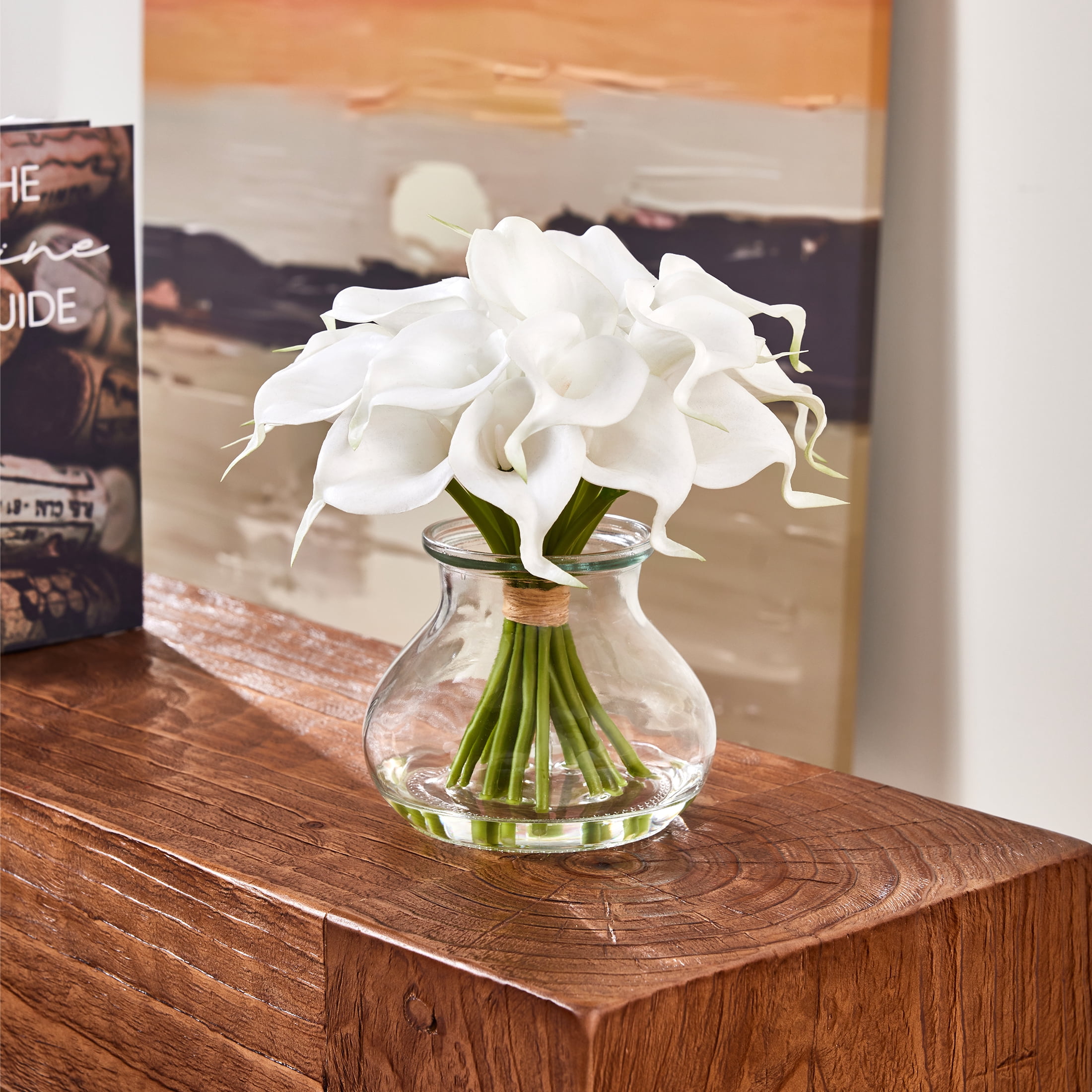 DR.Planzen 10.4in Artificial Calla Lily Flowers with Vase - 19-Bloom White Fake Flowers with Faux Water, Real Touch PU Floral Arrangement for Home Decor Wedding Office Table Centerpiece