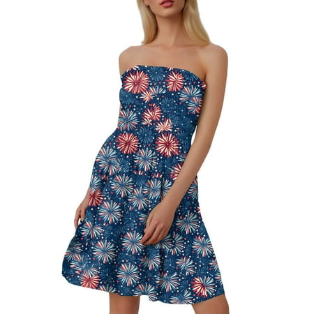 DBAIXID Independence Day Dress for Women Sleeveless 1776 Patriotic USA American Flag Boat Neck Strapless off Shoulder Dress Plus Size Family Legacy Fashion Summer Dresses Navy L