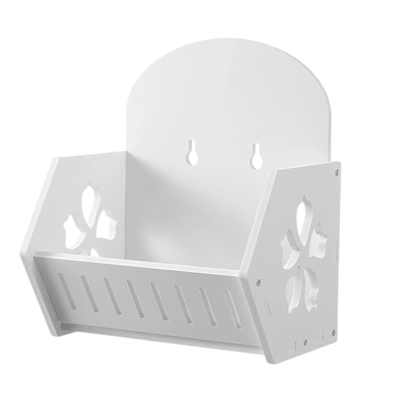 No-Drill Wall Mounted Shelf, White Wooden Storage Rack with Decorative Cutouts for Bathroom Kitchen Organization, Multi-Functional Adhesive Organizer for Shampoo Condiments