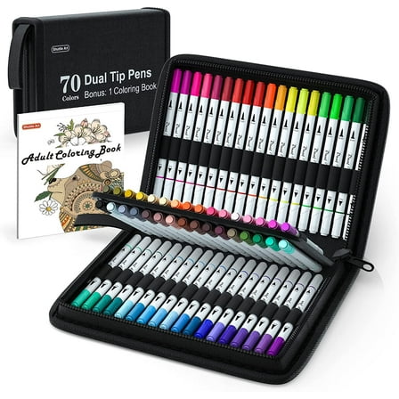 Dual Tip Brush Pens Art Markers, Shuttle Art 70 Colors Fine and Brush Dual Tip Markers Set in Portable Case with 1 Coloring Book for Adult Artist Coloring