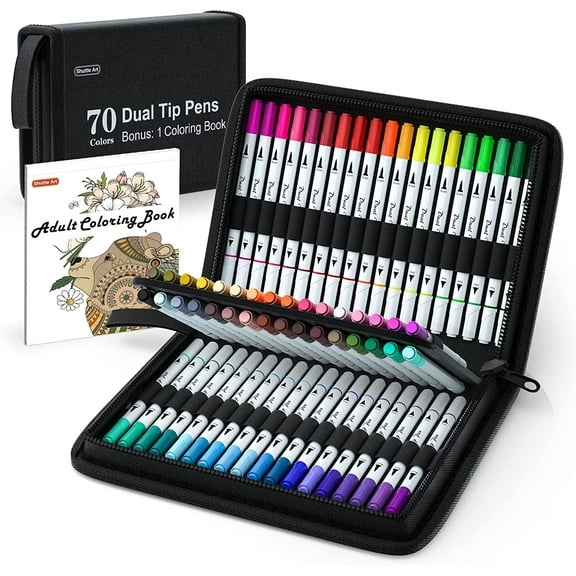 Dual Tip Brush Pens Art Markers, Shuttle Art 70 Colors Fine and Brush Dual Tip Markers Set in Portable Case with 1 Coloring Book for Adult Artist Coloring
