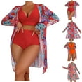 thumbnail image 2 of Jacenvly 2024 Womens Hawaiian 3 Piece Set Fashion Long Sleeve Swimsuit Color Block with Cover up Surfing Swimwear Lightweight Women'S Printed Bikini Straps Split Set Three Piece Set Red, 2 of 11