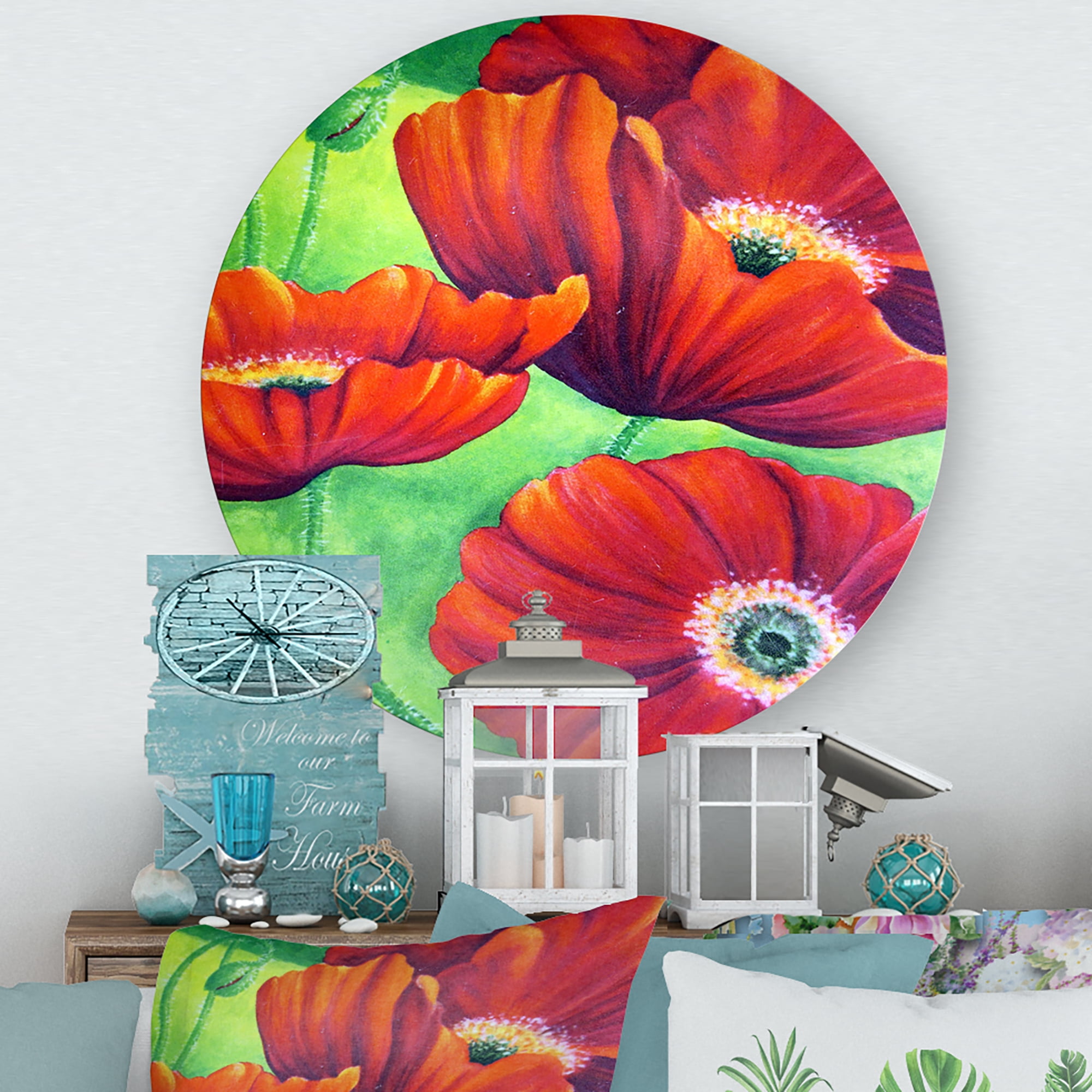 Designart 'Red Blossoming Poppies Over Wild Green V' Traditional Circle Metal Wall Art 11x11 - Disc of 11