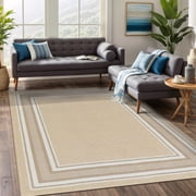 Beverly Rug Indoor Bordered Area Rugs, Non Slip Rubber Backing Modern Living Room Area Rug, Beige, 5x7