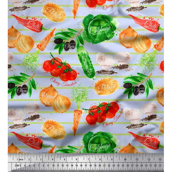 Soimoi Blue Rayon Fabric Stripe & Mixed Veggies Vegetable Printed Craft Fabric by the Yard 42 Inch Wide