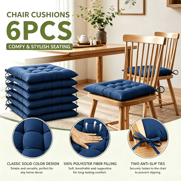 Oaskys 6pc Chair Cushion Set – Plush Seat Cushions for Dining Chairs, Soft Pads with Adjustable Tie Straps for Living Room & Office