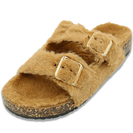 

LAVRA Women s Double Buckle Sandals Cork Footbed Slides Classic Summer Flatform