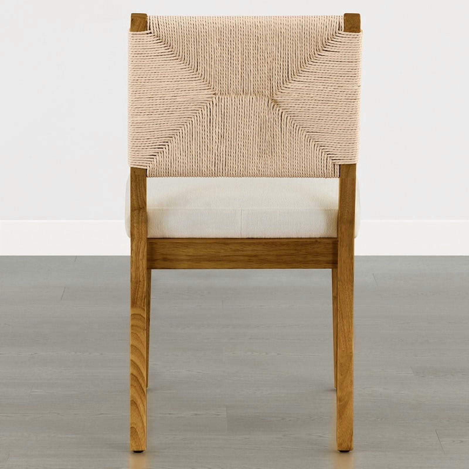 Spruce & Spring Boho Upholstered Dining Chairs Set of 2 with Handwoven Paper Rope Back for Dining Room or Kitchen, Cream Fabric, Walnut