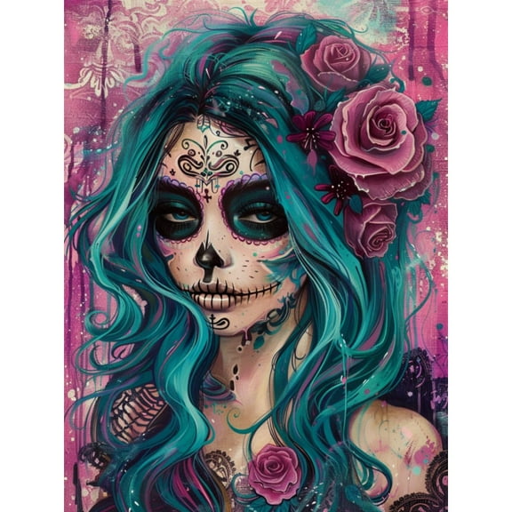 DIY 5D Diamond Art Halloween Skull Woman with Rose Paint with Full Drill Round Diamond Gems Painting by Number Kits for Adults Art Craft Home Wall Decor 11.8x15.8in(1)