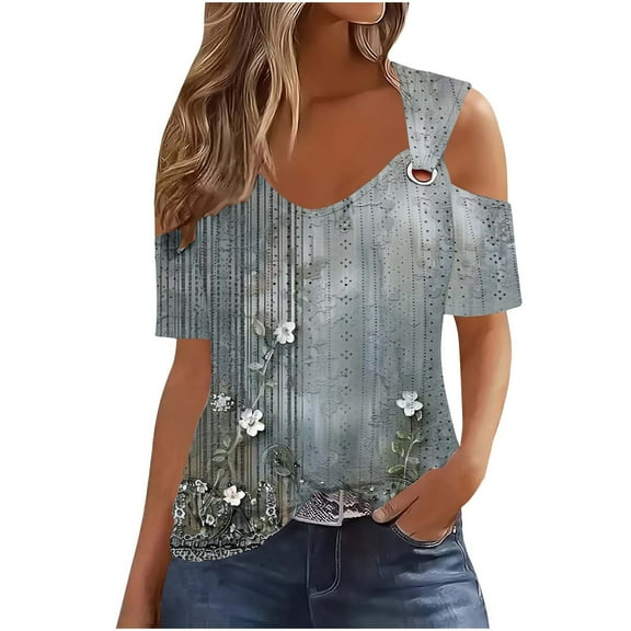 HaoXianJian Womens Trendy Cold Shoulder Short Sleeve T Shirts Floral Print Crisscross Casual Loose Tunic Top Blouse Shirts 2025 Summer Off Shoulder Top