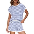 thumbnail image 3 of VBVC Women's Striped Crew Neck 2 Piece Set,Dolman Top and Elastic Waist Shorts For Women, Ladies' Soft Summer Loungewear With Pockets,Light Blue,S-2XL, 3 of 10