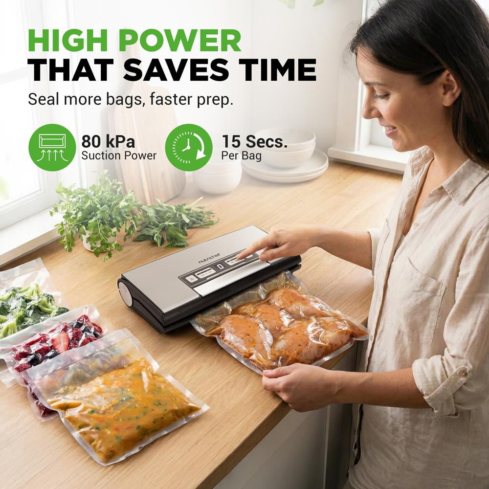 NutriChef Vacuum Sealer Machine – 80kPa Food Vacuum Sealer with Built-in Cutter, Bag Storage, Suction Hose, 1 Bag Roll & 5 Vacuum Bags for Freezer Meal Prep & Portioning (14" x 7" x 3")