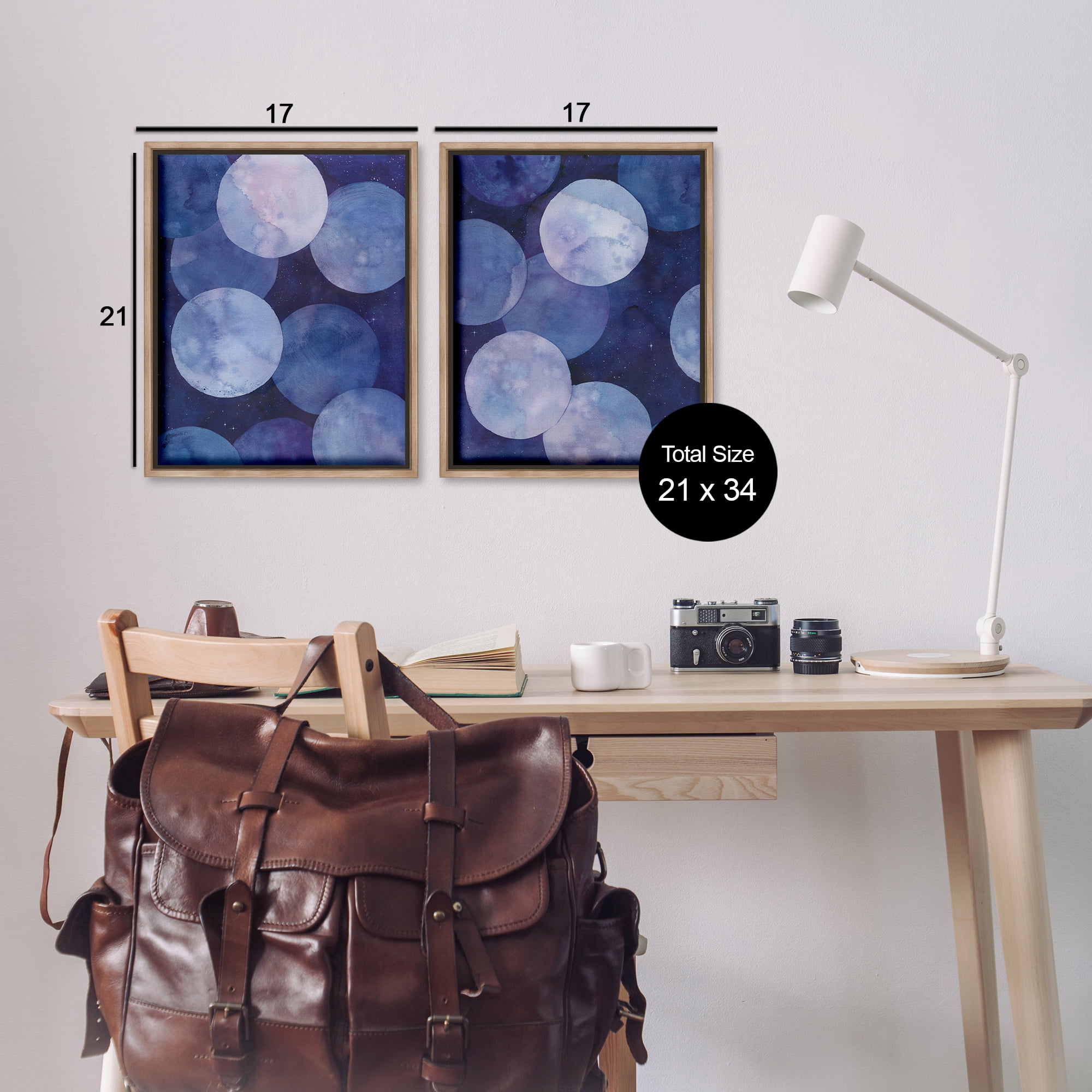 Stupell Industries Abstract Blue Purple Circle Bubbles Abstract Painting Brown Floater Framed Canvas Art Print Wall Art, 17 x 21, Set of 2