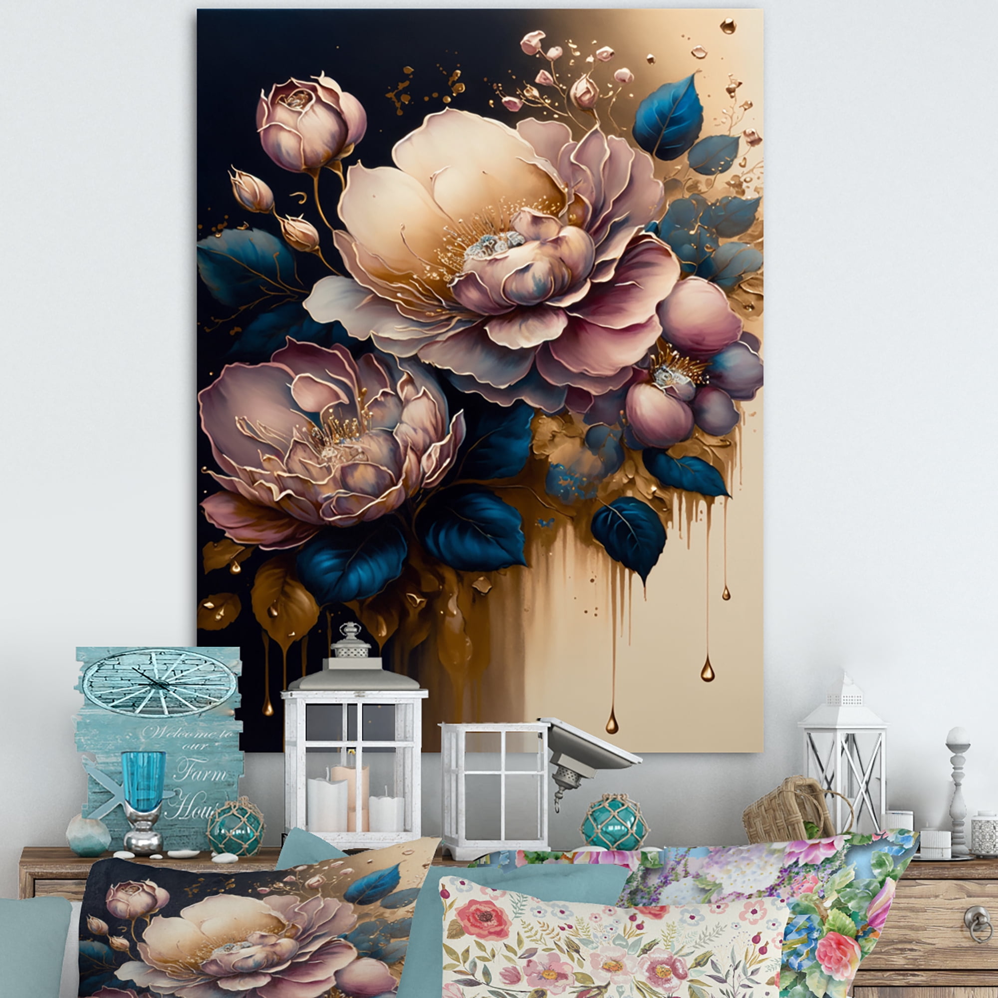 Designart Decadent Pink And Blue Roses IV Canvas Wall Art