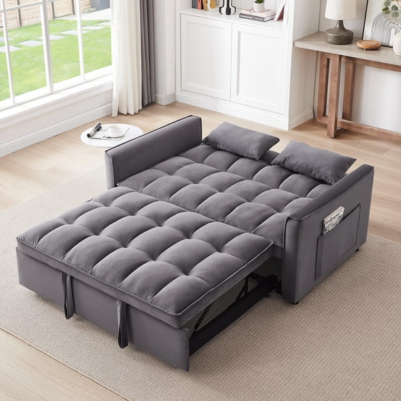 55.1-inch Dark Grey 3-in-1 Convertible Velvet Sofa Bed with Adjustable Back, Loveseat Futon Couch with Storage and Pillows for Living Room, Bedroom, Apartment