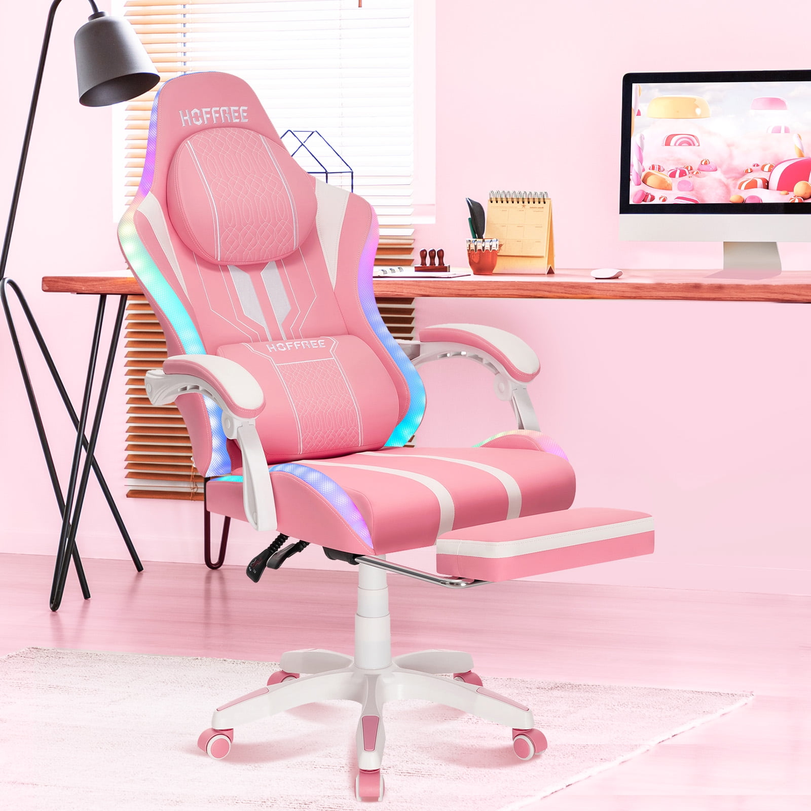 Hoffree Big and Tall Gaming Chair with Speakers Office Chair with Footrest Heavy Duty Gamer Chair with Lumbar Support Height Adjustable 360-Swivel Seat and Headrest for Adults, 400lbs