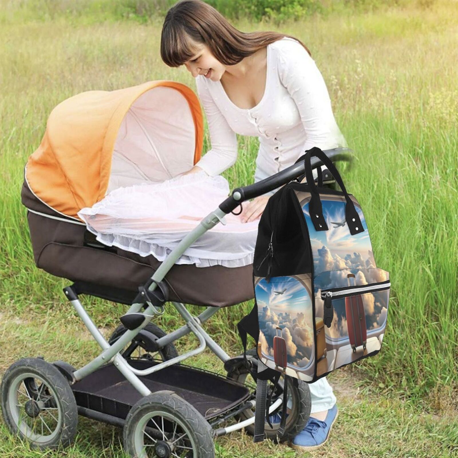 Fuzoiu Sunset Airplane Travel View Print Diaper Bag Backpack,Baby Essentials Travel Tote,Multi function Waterproof Diaper Bag, Travel Essentials Baby Bag - Unisex