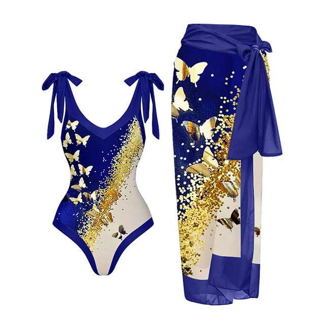 EGNMCR Maillot de Bain une Pièce pour Femmes avec Jupe de Plage Paréo Imprimé Floral Rétro Ensemble Bikini Deux Pièces